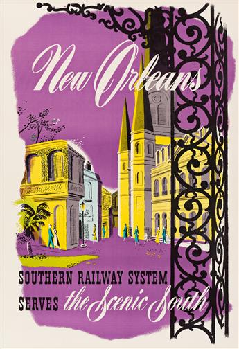 Designer Unknown.  NEW ORLEANS / SOUTHERN RAILWAY SYSTEM SERVES THE SCENIC SOUTH. Circa 1950.